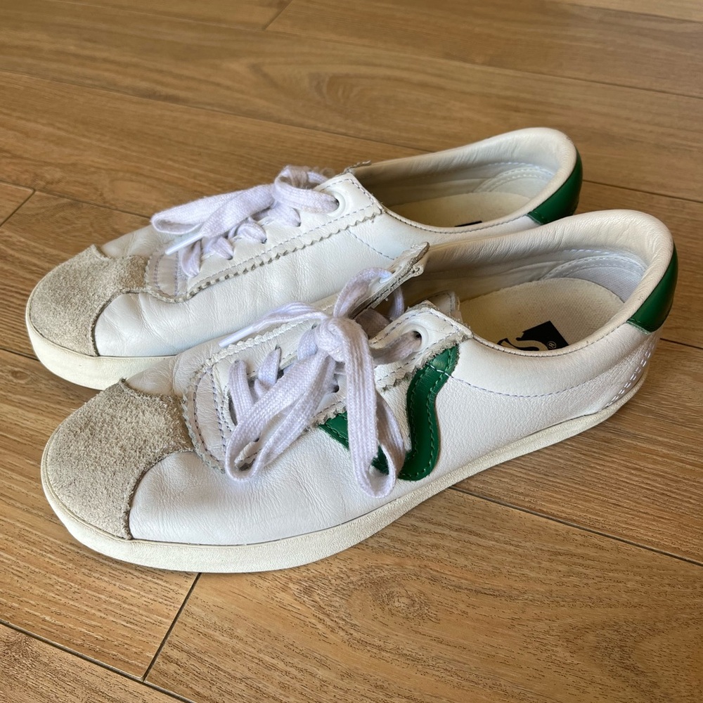 Vans Old Skool Leather Sneakers White Green Size 8 Lace Up Casual Shoes